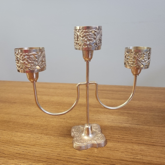 Vintage MCM Brass Floral 3 Arm Candle Holder Candelabra - Picture 3 of 11